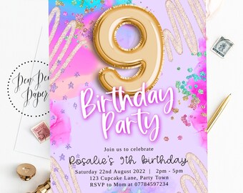 May include: A purple birthday party invitation with a gold number nine balloon, glitter, and the text "Rosalie's 9th birthday". The invitation includes the date, time, and location of the party.