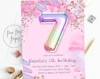 Editable 7th party invite, sparkle, pink, helium baloon, holographic, edit yourself, printable, birthday invitation