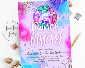 Editable dance party invite, disco party, purple sparkle, pink glitterball, holographic, edit yourself, printable, birthday invitation
