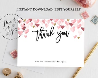 INSTANT DOWNLOAD, thank you note, printable, valentine bridal baby shower thank you note, love heart thank you note, PPLOVE