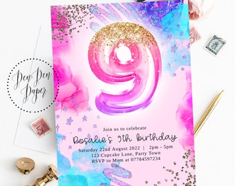May include: A pink and blue birthday invitation with a large, glittery number nine. The invitation reads "Join us to celebrate Rosalie's 9th birthday" and includes the date, time, and location of the party.