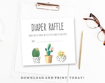 Diaper Raffle Card, Cactus Baby shower theme, Gender Neutral, Baby shower game, printable, invitation insert, details card. penpenpaper