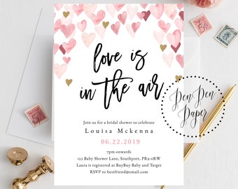 INSTANT DOWNLOAD  bridal shower invitation, valentines day theme invite, love is in the air, valentine heart, PPLOVE