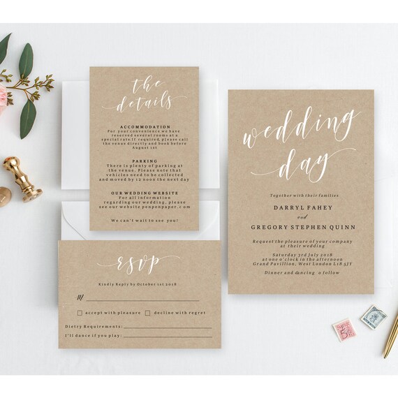 Rustic Wedding Invitation Set, Editable, Instant Download, Simple.