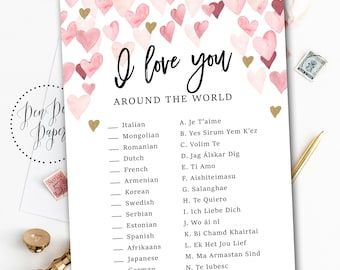 Printable Bridal Shower Game, Valentine, Love heart, I love you around the world, language game, printable, Instant download PPLOVE