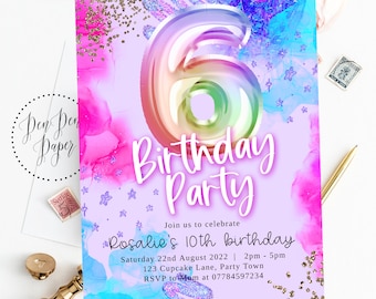 Editable 6 six girl birthday party invitation, pink sparkle, rainbow glitter, holographic, edit yourself, printable, birthday invite, 6th