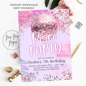Editable disco party invite, disco party, purple sparkle, pink glitterball, holographic, edit yourself, printable, birthday invitation