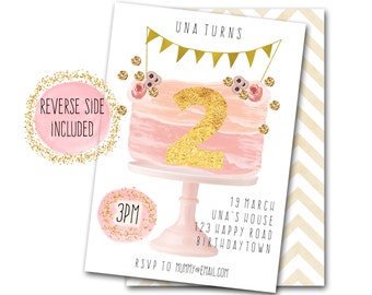 Printable Invite / rustic birthday party / girls birthday invitation / personalised / custom / pastel / bunting cake flowers glitter