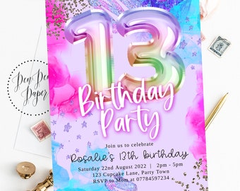 Editable 13 twelve girl birthday party invitation, pink sparkle, rainbow glitter, holographic, edit yourself, printable, birthday invite,