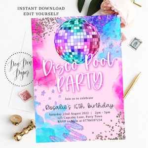 Editable disco pool party invite, disco party, purple sparkle, pink glitterball, holographic, edit yourself, printable, birthday invitation