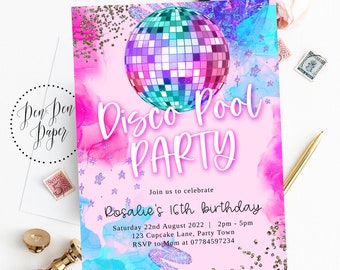 Editable disco pool party invite, disco party, purple sparkle, pink glitterball, holographic, edit yourself, printable, birthday invitation