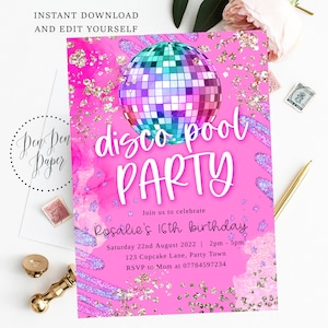 Editable disco pool party invite, disco party, pink purple sparkle, pink glitterball, holographic, edit yourself, printable, birthday invite