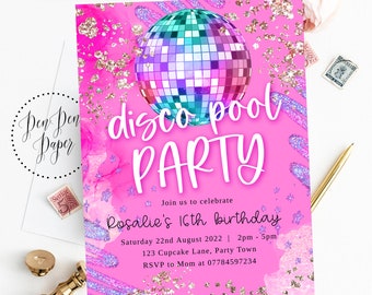 Editable disco pool party invite, disco party, pink purple sparkle, pink glitterball, holographic, edit yourself, printable, birthday invite