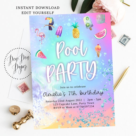 Editable Pool Party Invite, Swim Party Invite, Sparkle, Summer Party,  Holographic, Edit Yourself, Printable, Birthday Invitation, Rainbow -   Canada