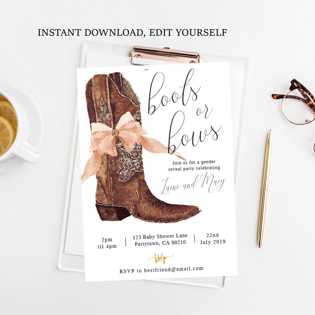 Boots or Bows, Gender Reveal Invite, Printable, Edit Yourself ...