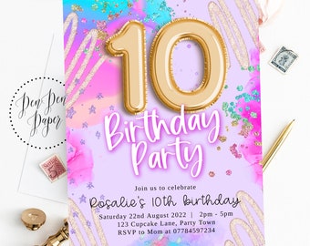 Editable 10th birthday party invite, helium balloon, pink sparkle, rainbow glitter, holographic, edit yourself, printable, birthday invite