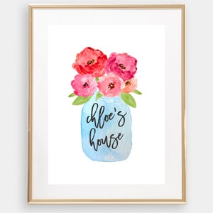 Personalised Mason Jar and flowers, Home Decor, Printable, Welcome Sign, watercolour, red and pink flowers, wall art