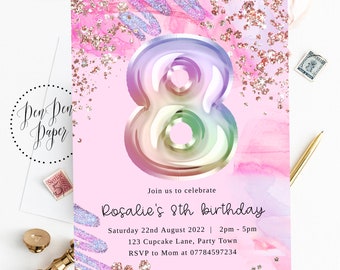 Editable 8th party invite, sparkle, pink, helium balloon, holographic, edit yourself, printable, birthday invitation, rainbow