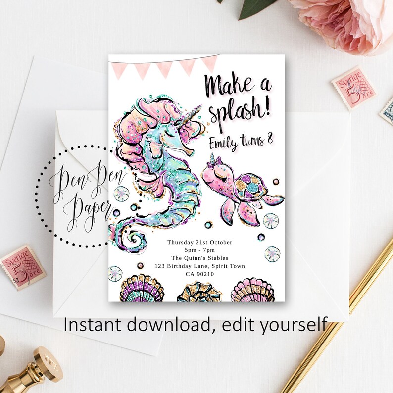 pool party invite INSTANT DOWNLOAD edit yourself turtle Make a splash editable invitation seahorse Under the sea birthday invite