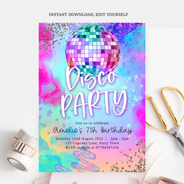 Editable dance party invite, disco party invite, sparkle, rainbow glitter, holographic, edit yourself, printable, birthday invitation