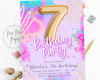 Editable 7th birthday party invite, helium balloon, pink sparkle, rainbow glitter, holographic, edit yourself, printable, birthday invite