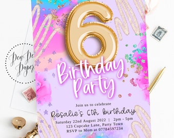 Editable 6th birthday party invite, helium balloon, pink sparkle, rainbow glitter, holographic, edit yourself, printable, birthday invite