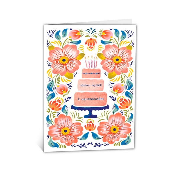 Czech Birthday Card - Watercolour Folk Flowers Pattern with Birthday Cake Illustration