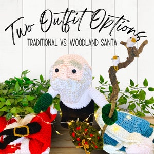 Peut inclure: Deux figurines de P&egrave;re No&euml;l en crochet, l'une en costume rouge traditionnel avec une ceinture noire et l'autre en tenue bleu et blanc sur le th&egrave;me de la for&ecirc;t. Les figurines sont pos&eacute;es avec une couronne verte et un b&acirc;ton avec deux petits oiseaux.