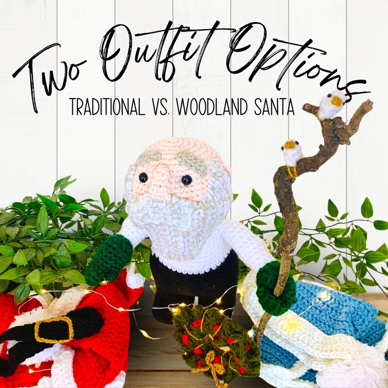 Peut inclure: Deux figurines de P&egrave;re No&euml;l en crochet, l'une en costume rouge traditionnel avec une ceinture noire et l'autre en tenue bleu et blanc sur le th&egrave;me de la for&ecirc;t. Les figurines sont pos&eacute;es avec une couronne verte et un b&acirc;ton avec deux petits oiseaux.