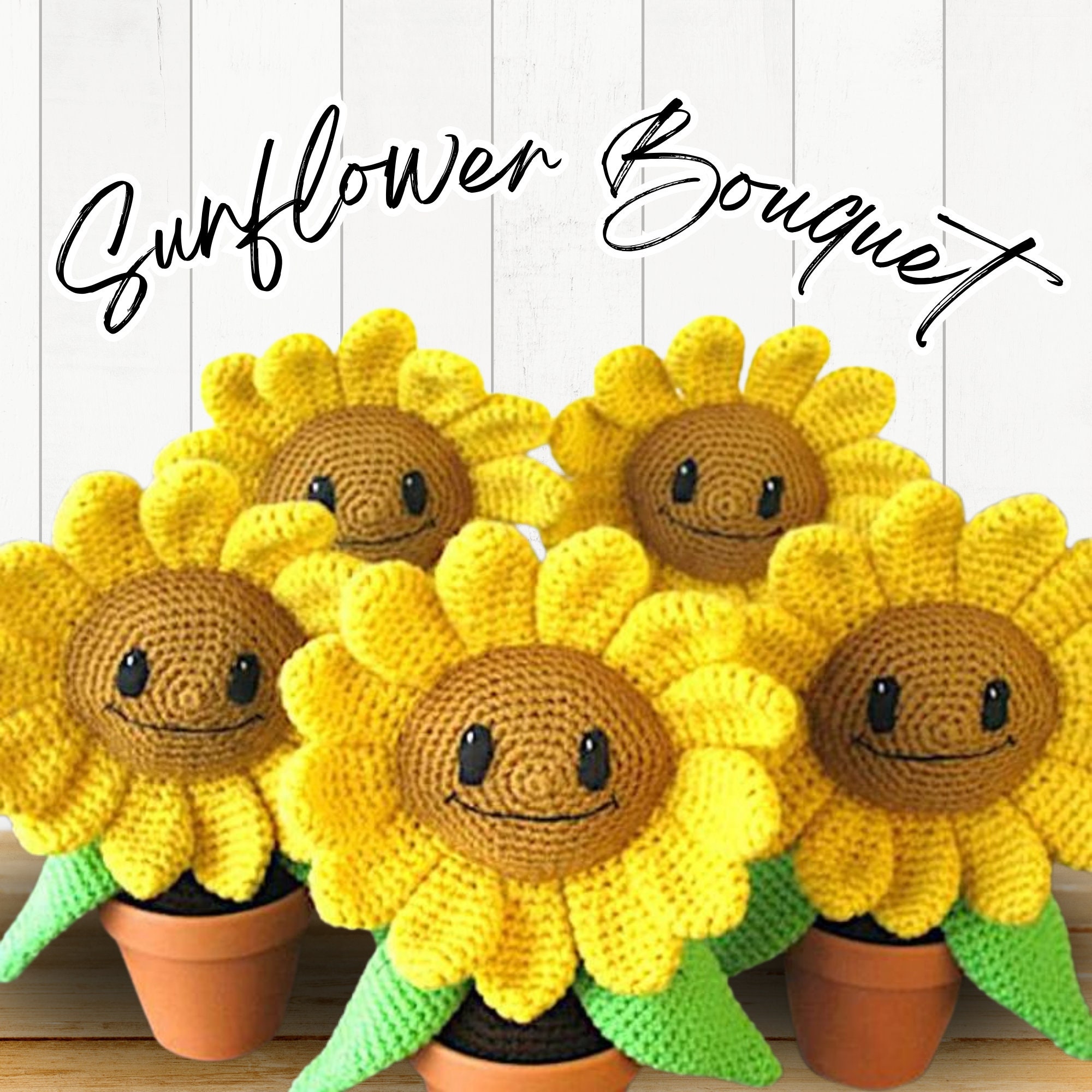 かぎ針編みの手作り鉢植えひまわり、かぎ針編みのひまわり2個セット
