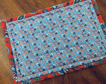 Fabric Rectangular Hot Pad, 9 x 13, Trivet, blue print and red Floral Fabric, Hostess Gift, Christmas Gift, Housewarming, Gift for Her