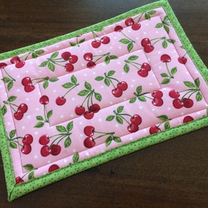 Cherry Fabric Rectangle Hot Pad, 9x13, Trivet, Quilted Insulated hot pad, Customizable, Cherry Fabric, Kitchen Decor,Fruit and Vegetable Dec image 1