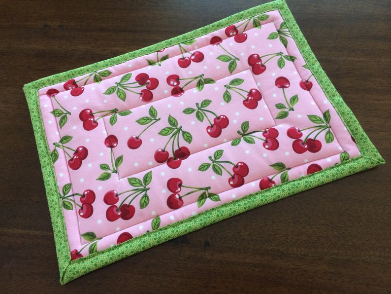 Cherry Fabric Rectangle Hot Pad, 9x13, Trivet, Quilted Insulated hot pad, Customizable, Cherry Fabric, Kitchen Decor,Fruit and Vegetable Dec image 1