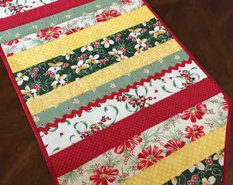 Quilted Table Runner, Red fabrics, yellow fabrics, green fabric, floral fabric, spring runner, summer runner