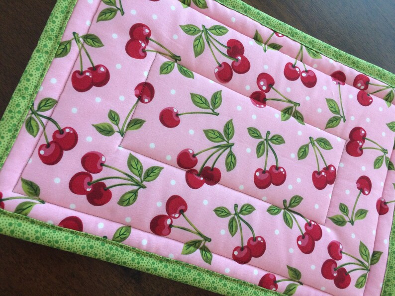 Cherry Fabric Rectangle Hot Pad, 9x13, Trivet, Quilted Insulated hot pad, Customizable, Cherry Fabric, Kitchen Decor,Fruit and Vegetable Dec image 4