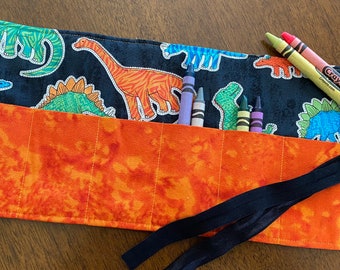 Dinosaur Crayon Holder, roll up crayon holder, Dinosaur fabric, Children’s gift
