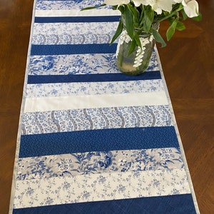 Blue and cream quilted table runner, blue fabric, cream accent fabric, blue floral fabric, Table Decor, Centerpiece, Table Runner