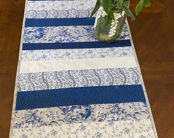 Blue and Cream Quilted Table Runner, Blue Fabric, Cream Accent Fabric