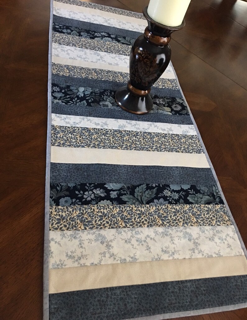 Blue and cream quilted table runner blue fabric cream accent Etsy