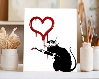 Banksy mural rat paints red heart street art artwork | Graffiti Canvas Picture & Urban Poster Set | Pop Art Art Print | Modern art