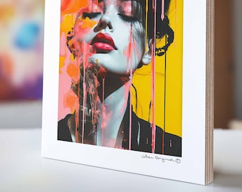 Handmade Pop Art Portrait in Coral | Bright colors and lively structures | Feminine art in A3 with wall mount like picture frame