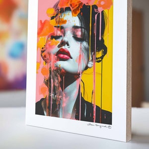 Handgemachtes Pop Art Portrait in Korall Knallige Farben und Lebhafte Strukturen Feminine Kunst in A3 mit Wandhalterung wie Bilderrahmen Bild 1