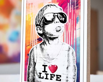Banksy artwork "I Love Life": street art canvas picture | Handmade pop art, art print for joy in life | Positive art mural