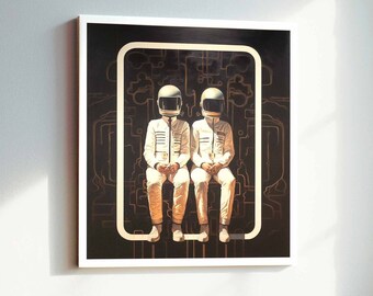 Astronaut friendship in surreal geometry art | Emotional Tribute: Astronomical Friendship | Minimalism mural A3 picture frame