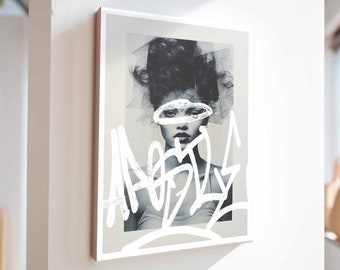 Abstract portrait: veiled glances between reality and art | Modern Monochrome Design | Urban artwork A3 with picture frame