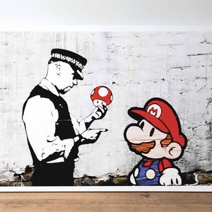 Banksy Bild "Super Mario Mushroom" HANDMADE | UNIQUE Pop Art Wandbild | Streetart Graffiti Leinwandbilder & Poster Set | Moderne Kunstwerke