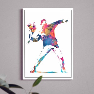 Banksy Bild Blumenwerfer, Blumenstrauß Kunstwerk Pop Art, Streetart, Graffiti, Wandbild Kunstdruck, Wandkunst, Holzbild, Friedenssymbol Bild 1