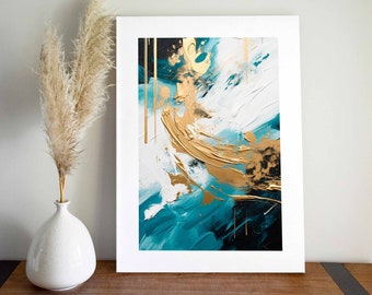 Goldene Strömungen Wandbild |  Wandkunst in Gold und Blau | Abstrakte Kunst A3 Druck | Kunst in stilvolle Räume | Wandhalterung Bilderrahmen