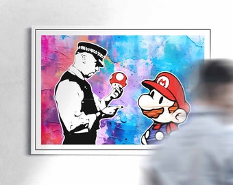 Banksy Pop Art Super Mario Mushroom | Street art mural | Street Art Graffiti Canvas Picture & Poster | Art unique art print to hang