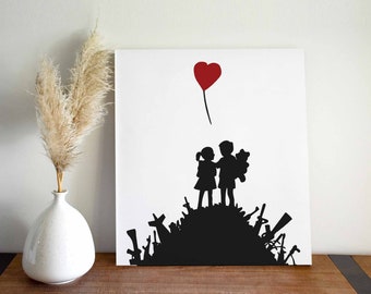 Banksy Bild Love & Peace Kinder Waffen und ein Herzballon | Pop Art Kunstdruck Streetart Kunstwerk | Urbane Kunst Leinwandbild | Poster Deko